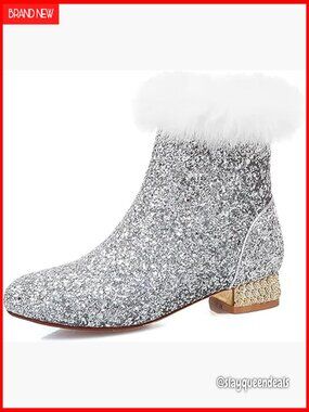 Sequin Ankle Boots Low Heel Sparkly Glitter Booties Chunky Round Toe
